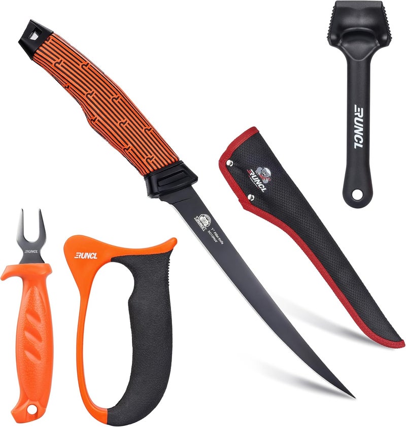 PROBITE RUNCL Fishing Fillet Knife Combo Set, Fishing Tools Kit With 7" Fillet Knife, Fillet Fork, Knife Sharpener and Fish Scaler Remover, 4 Pieces fishing Kit Tool, Perfect for Fresh or Saltwater - Image 1